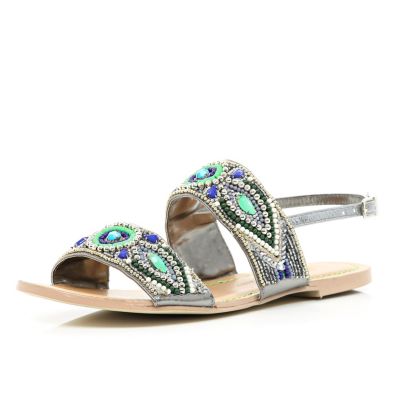 Green tribal beaded sandals