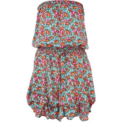 Green abstract print bandeau dress