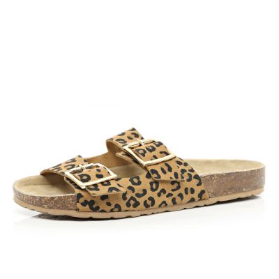 Brown leopard print double strap sandals