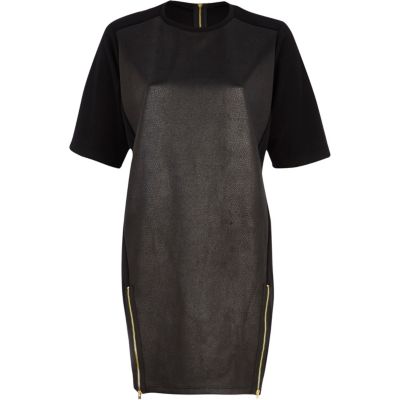 Black cracked leather-look t-shirt dress