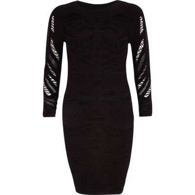Black crochet sheer sleeve bodycon dress