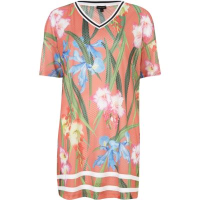 Orange floral print mesh t-shirt dress