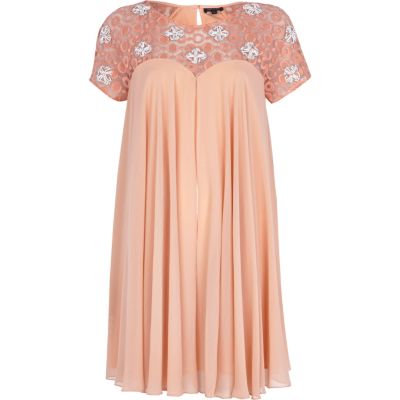 Light pink beaded lace panel babydoll dress