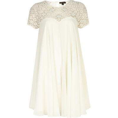 Cream beaded lace panel babydoll dress