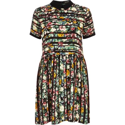 Green striped floral print smock dress