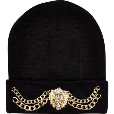 Black Lion head chain trim beanie hat