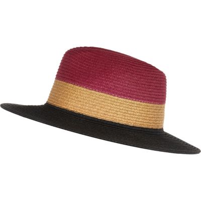 Dark red woven colour block fedora hat