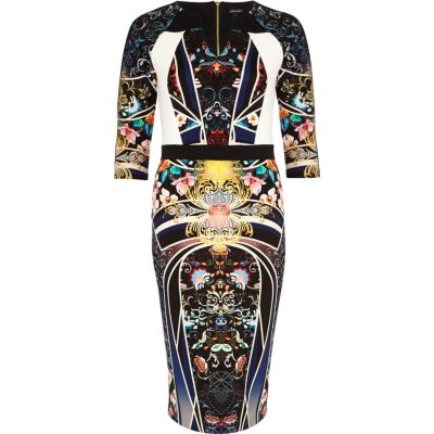 Navy oriental block print pencil dress