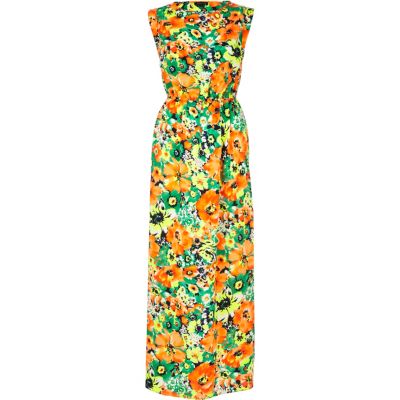 Orange floral print sleeveless maxi dress