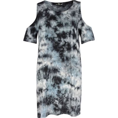 Blue tie dye cold shoulder t-shirt dress