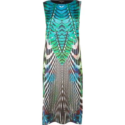 Green abstract print sleeveless shift dress