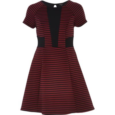 Dark red stripe panel skater dress