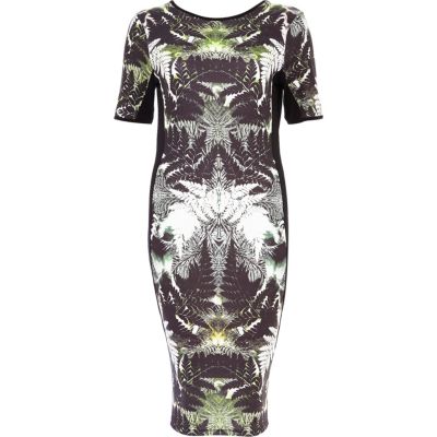 Black abstract palm print midi dress