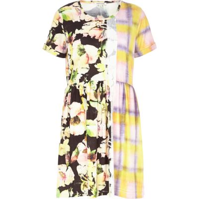 Black floral tartan print spliced smock dress