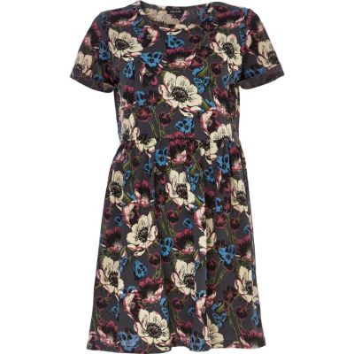 Dark grey floral print smock dress