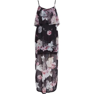 Black floral print layered chiffon maxi dress