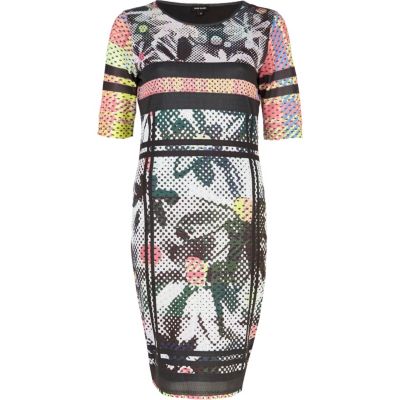 Black mixed print mesh bodycon dress