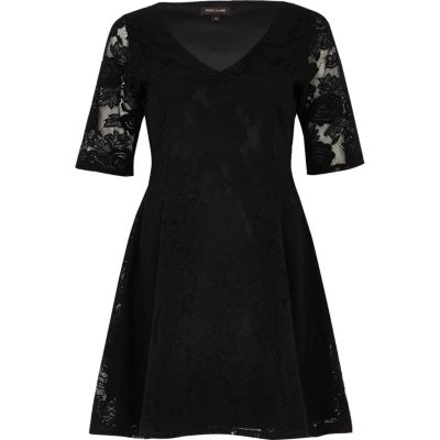 Black brushed lace skater dress