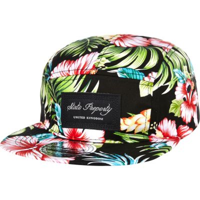 Black tropical print trucker hat