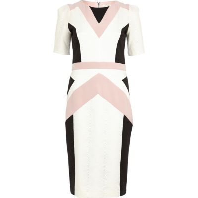 Cream colour block geometric pencil dress