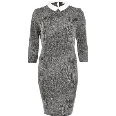 Grey textured contrast collar bodycon dress
