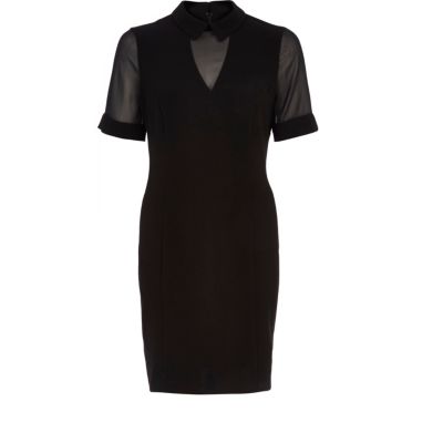 Black sheer panel collared shift dress