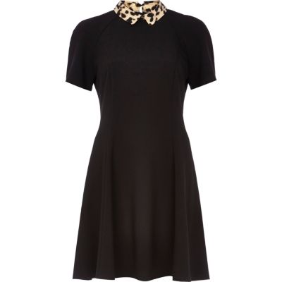 Black contrast leopard collar skater dress