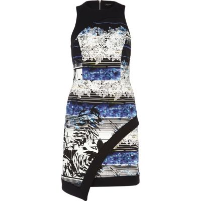 Blue floral stripe print wrap bodycon dress