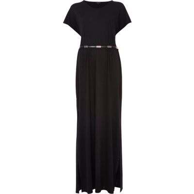 Black V neck side split maxi dress