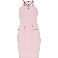Light pink necklace trim peplum pencil dress