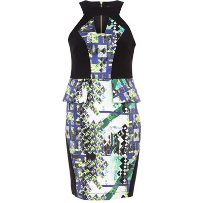 Black abstract print panel peplum dress