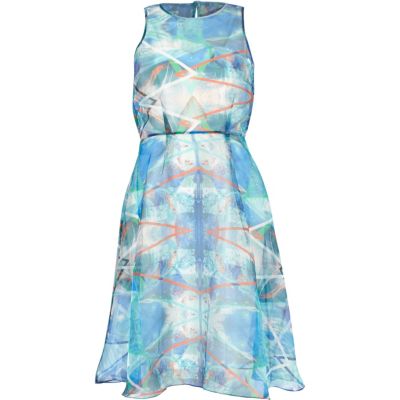 Blue abstract chiffon overlay prom dress