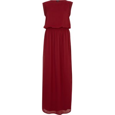 Dark red roll sleeve maxi dress