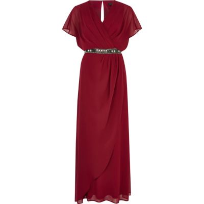 Dark red embellished waist draped maxi dress