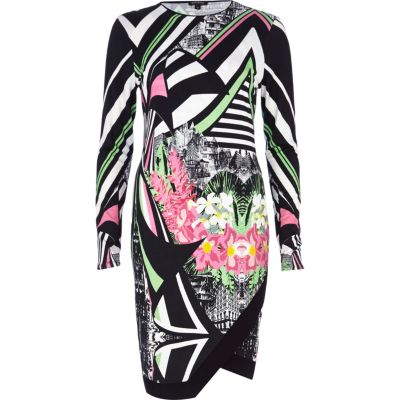 Black abstract print wrap front dress
