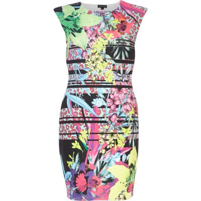 Pink floral mixed print bodycon dress