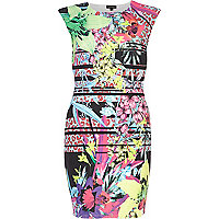 Pink floral mixed print bodycon dress