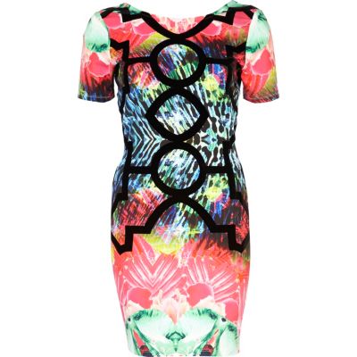 Pink flocked abstract print bodycon dress
