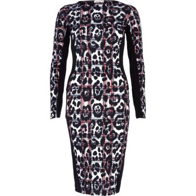 Red tartan and leopard print midi dress