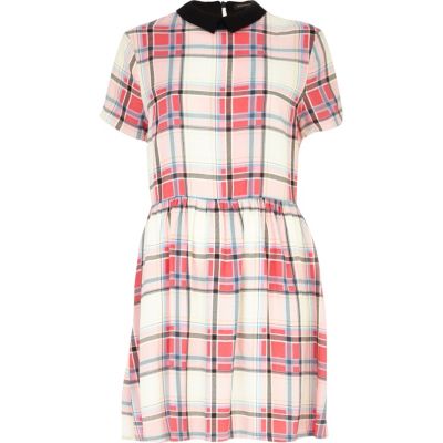 Pink tartan contrast collar skater dress
