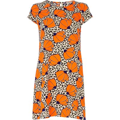 Orange polka dot floral print swing dress