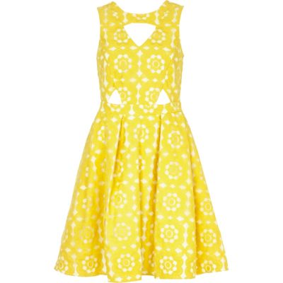 Yellow embroidered cut out prom dress