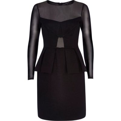 Black sheer panel peplum dress
