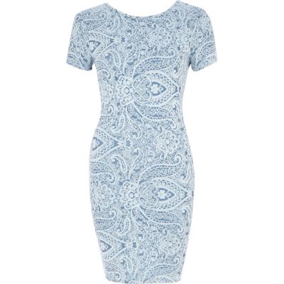 Blue paisley scoop back bodycon dress