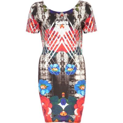 Grey abstract foiled print bodycon dress