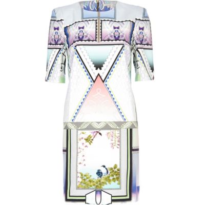 White abstract stamp print shift dress