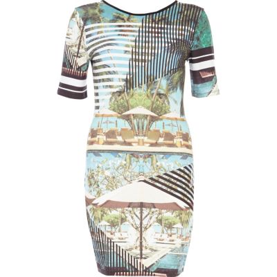 Blue poolside stripe print bodycon dress