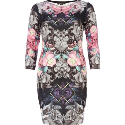 Grey mirrored floral print bodycon dress