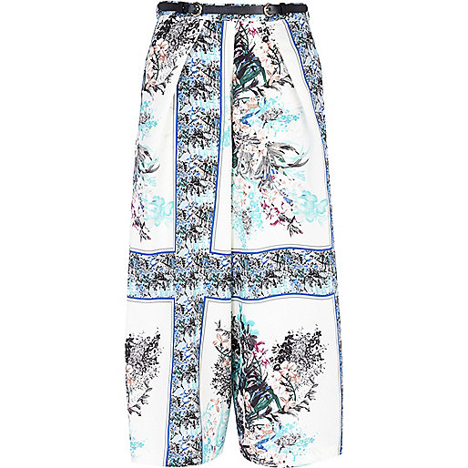 Blue floral scarf print wide crop trousers