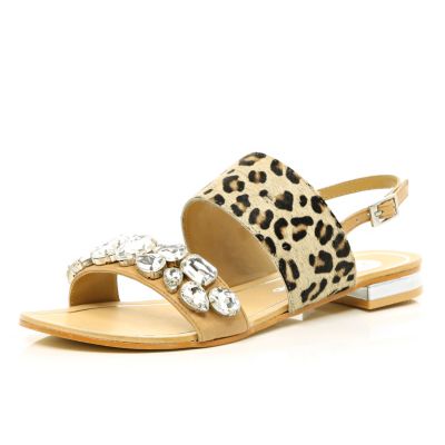 Brown leopard print gem stone sandals
